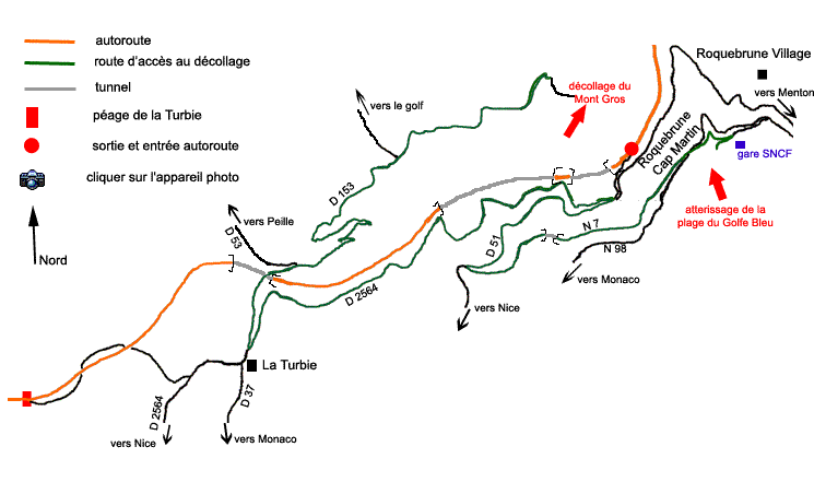 plan d'accès au décolage de parapente de Roquebrune Cap Martin